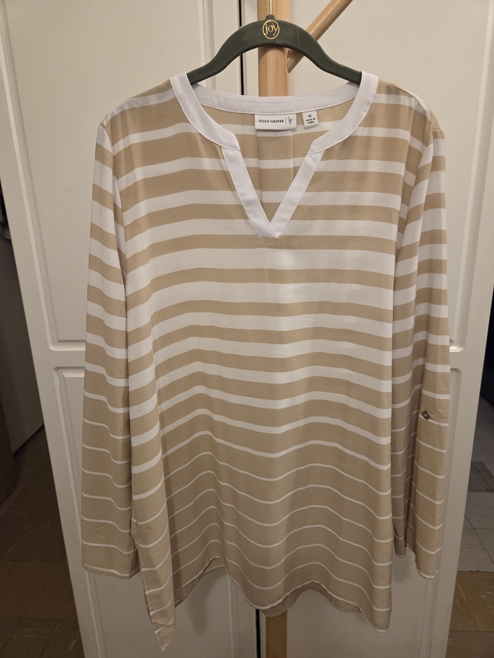 Susan Graver Beige and White Striped V-Neck Tunic
